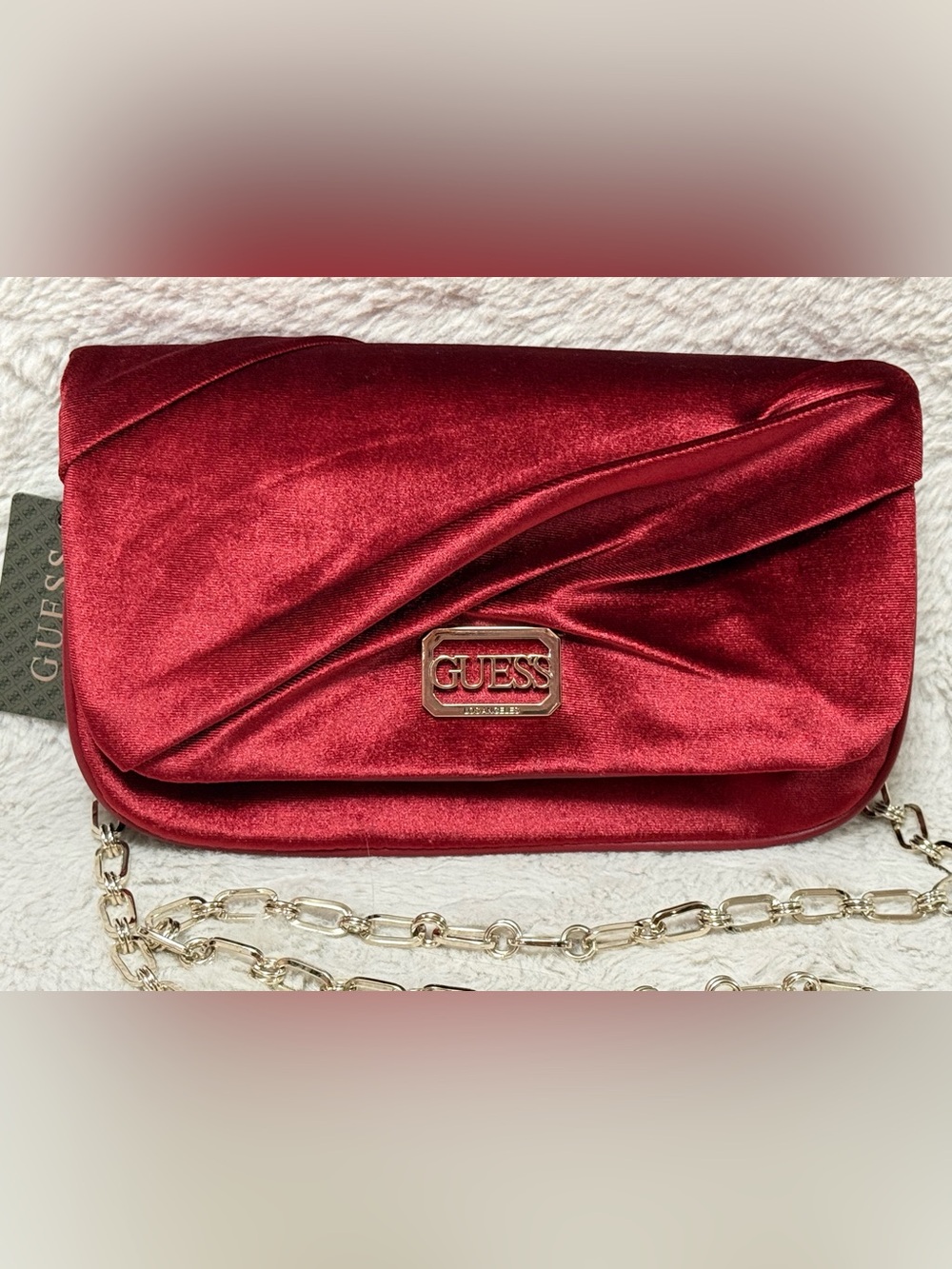 Guess Red Satin Clutch with Silver Logo and Chain